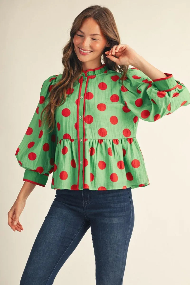 Jodifl 3/4 Button Down Polka Dot Peplum Top In Green *COMING SOON*
