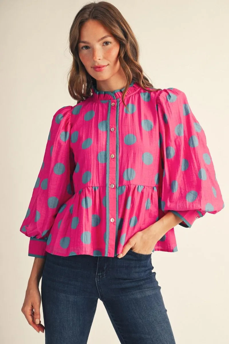 Jodifl 3/4 Button Down Polka Dot Peplum Top In Hot Pink