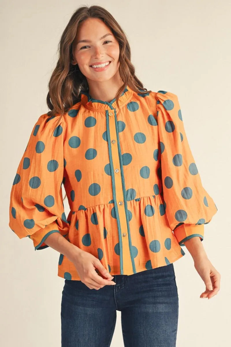 Jodifl 3/4 Button Down Polka Dot Peplum Top In Orange *COMING SOON*