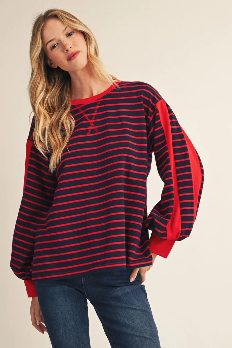 Jodifl Long Sleeve Striped Top In Red & Black