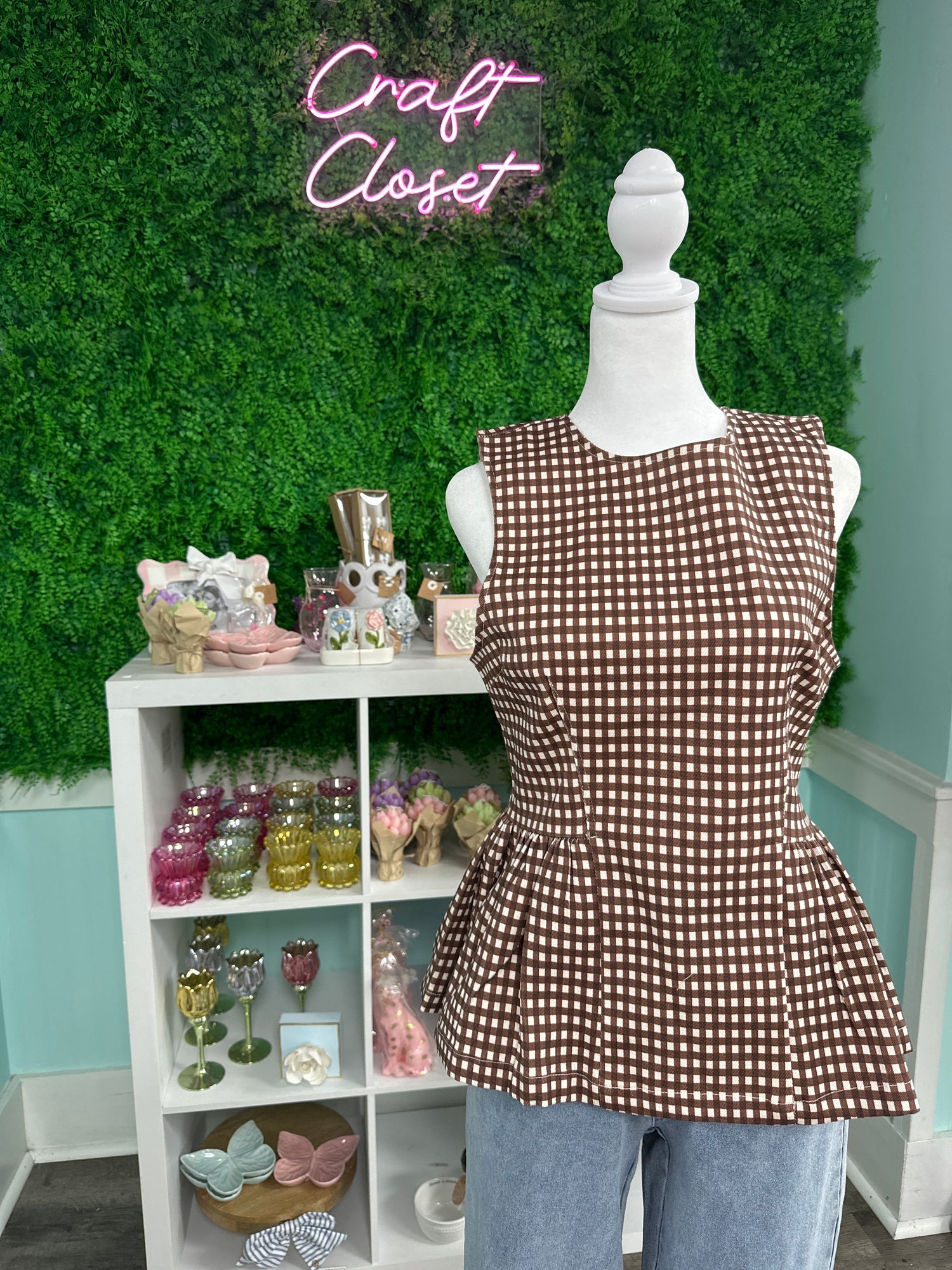 ENTRO Gingham Peplum Top In Brown