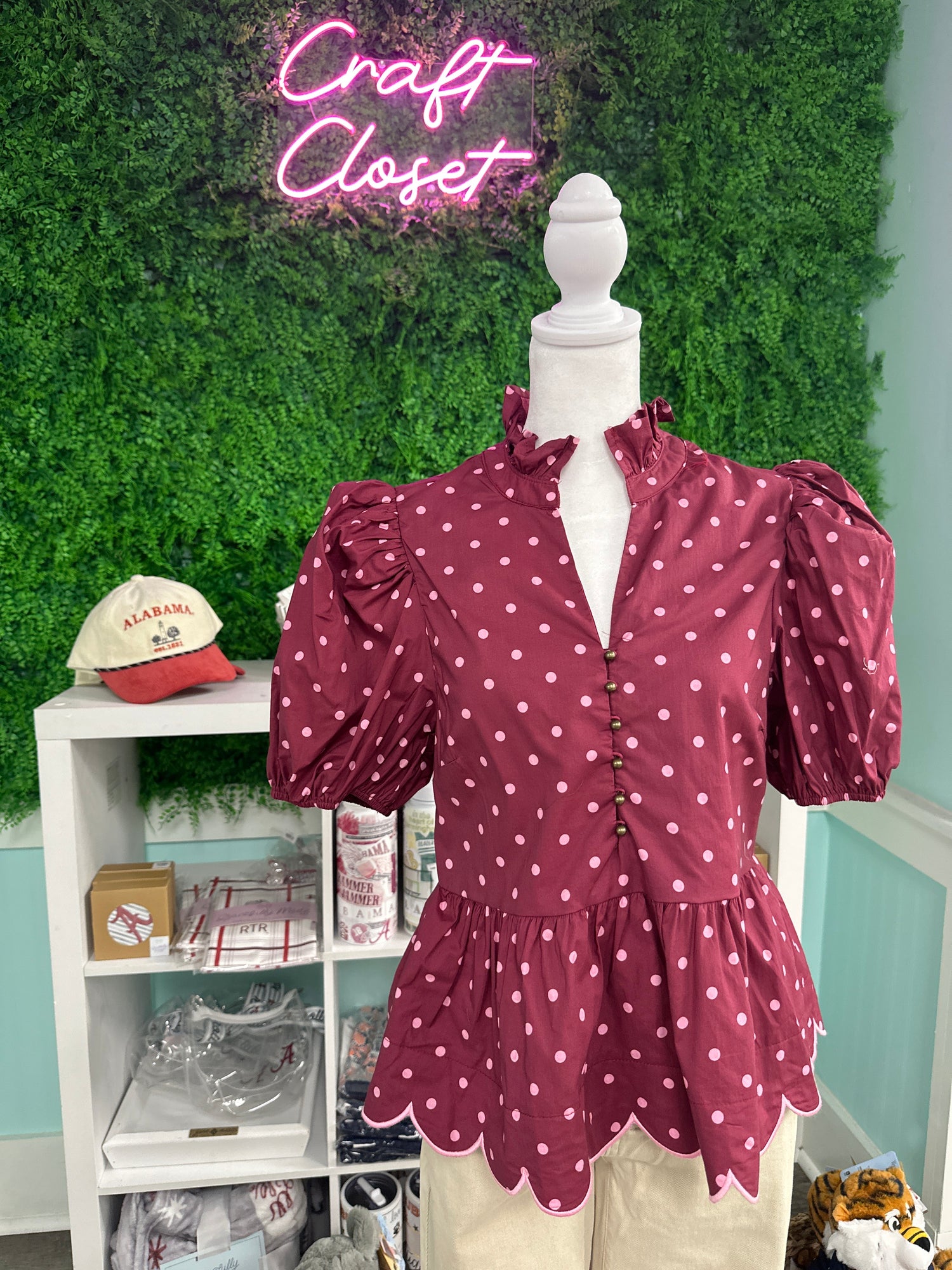 ENTRO Polka Dot Puff Sleeve Peplum Top In Burgundy