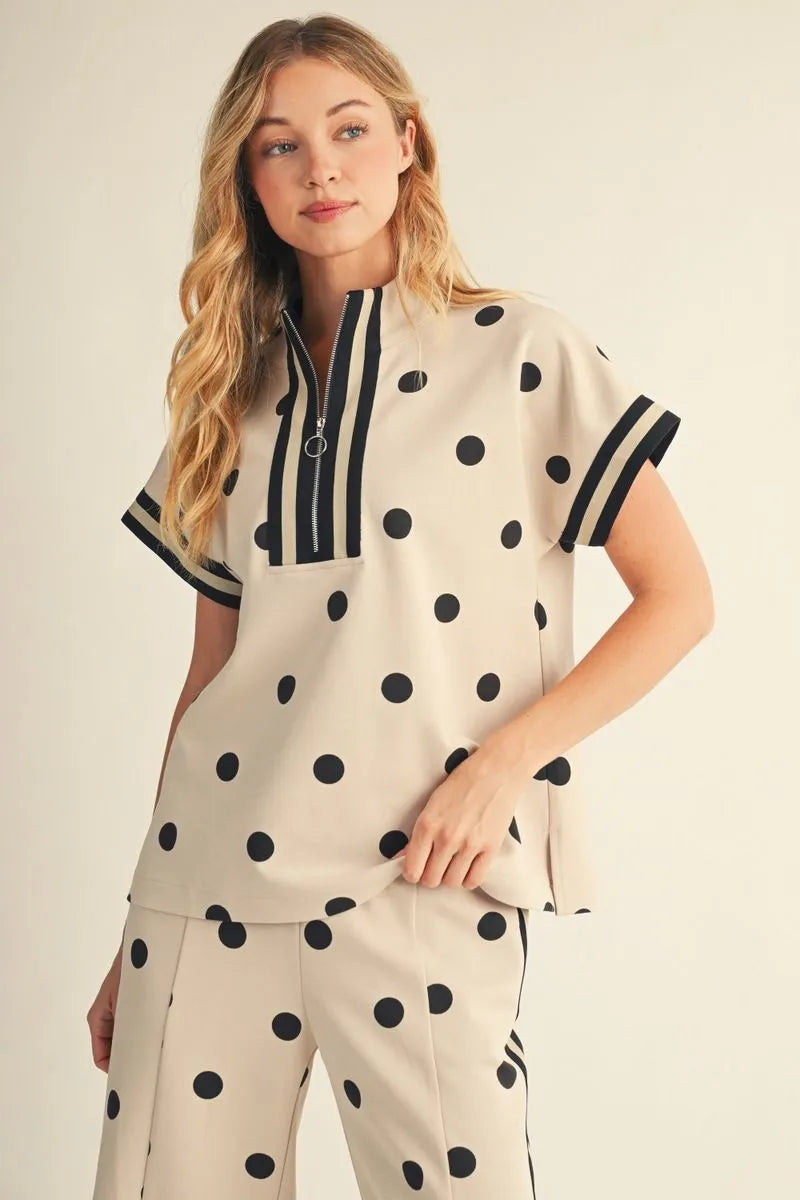 Jodifl Drop Shoulder Front Zip Polka Dot Top In Oatmeal