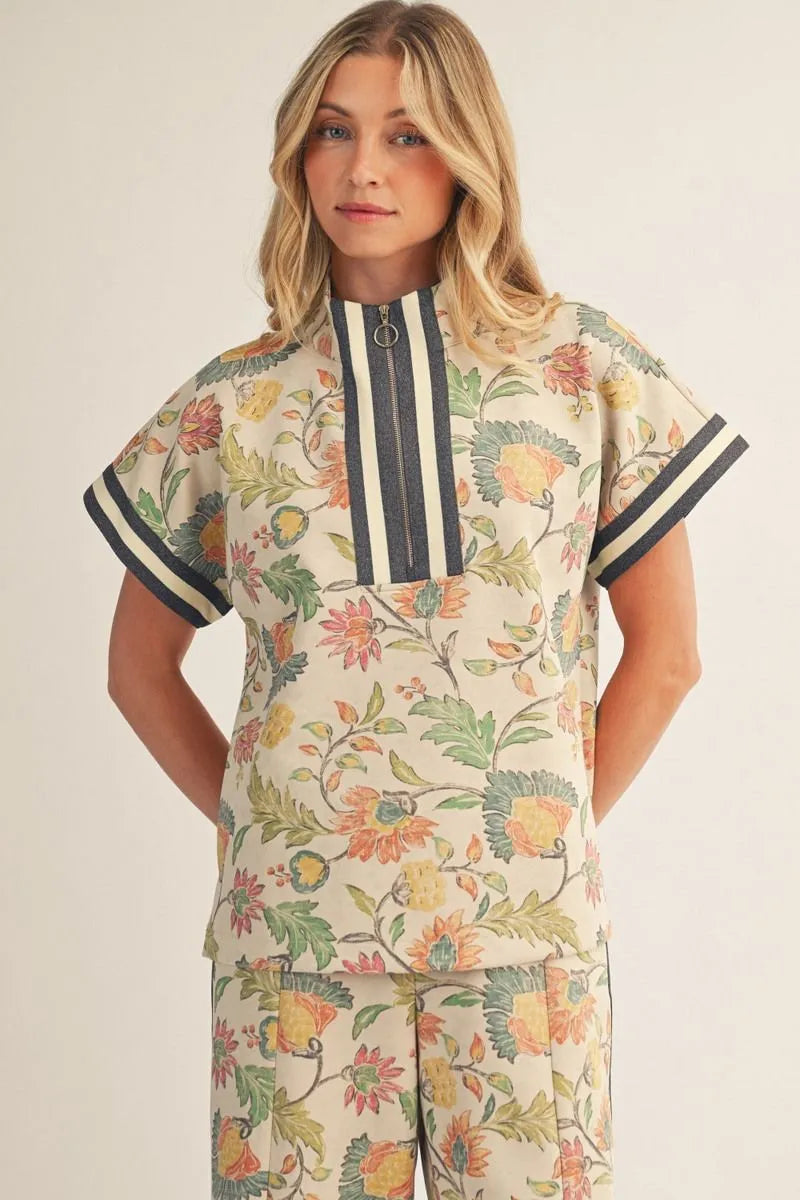Jodifl Drop Shoulder Front Zip Floral Top In Ecru *COMING SOON*