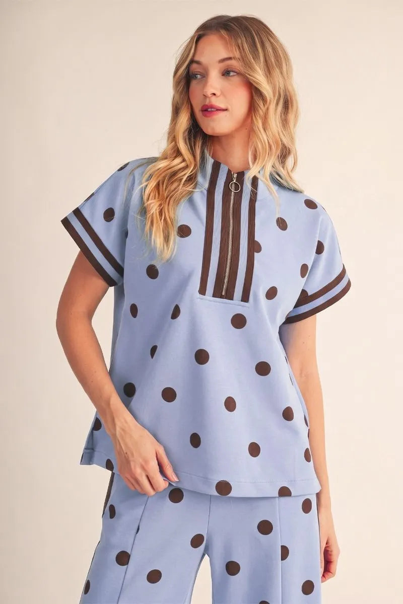 Jodifl Drop Shoulder Front Zip Polka Dot Top In Peri Blue *COMING SOON*
