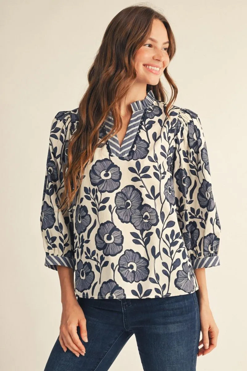 Jodifl 3/4 Sleeve Floral Top In Beige