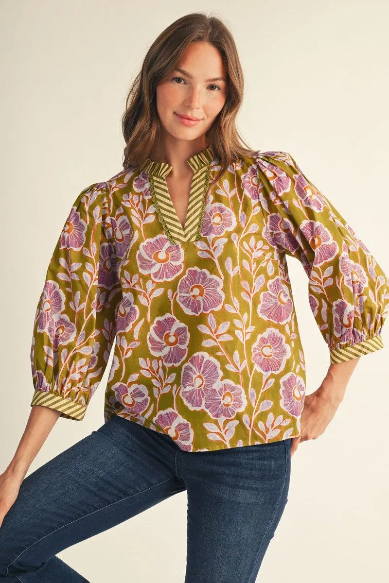 Jodifl 3/4 Sleeve Floral Top In Green Moss *COMING SOON*