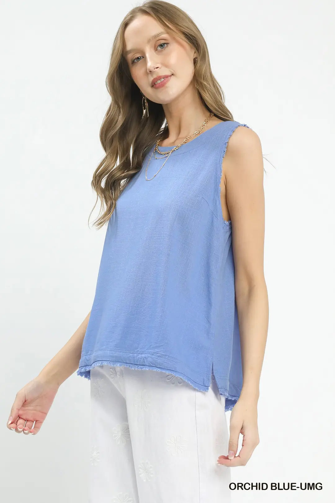 UMGEE Linen Frayed Edge Sleeveless Top In Orchid Blue