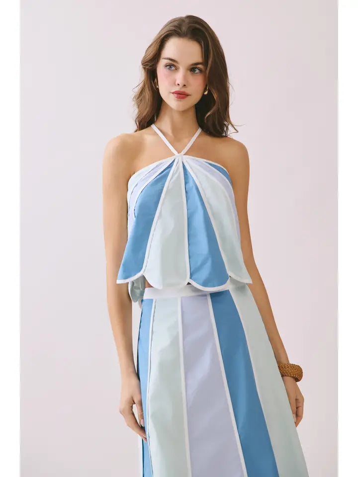 TCEC Blue Color Block Paneled Design Halter Top & Midi Skirt