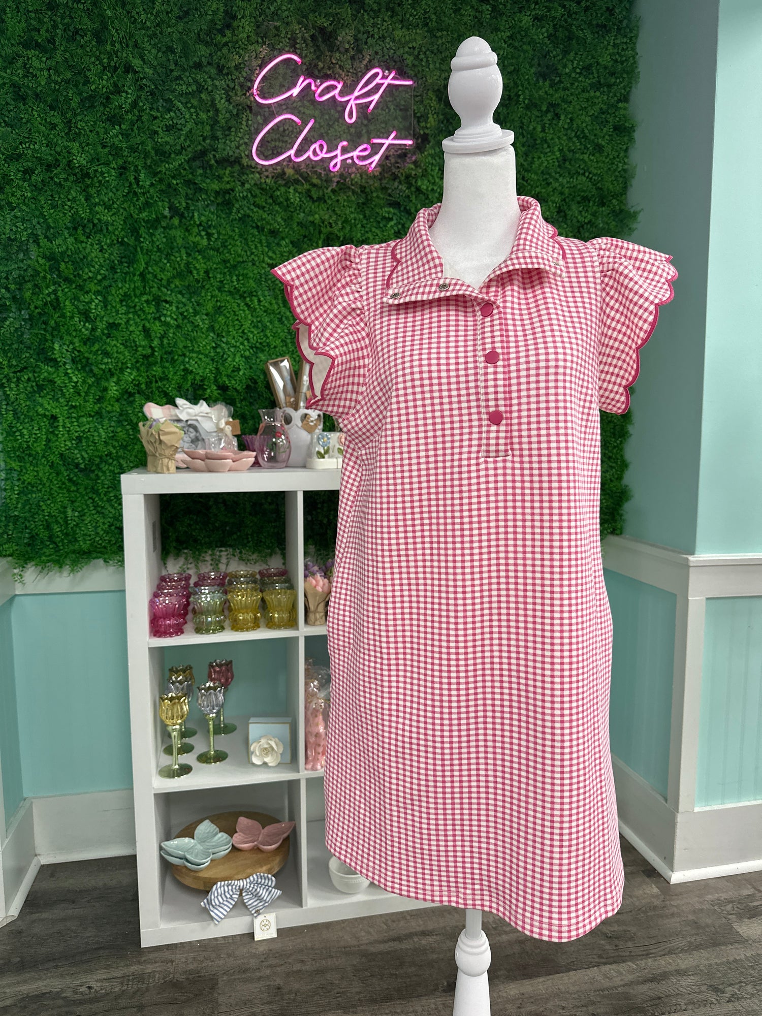 ENTRO Gingham Check Flutter Sleeve Mini Dress In Pink