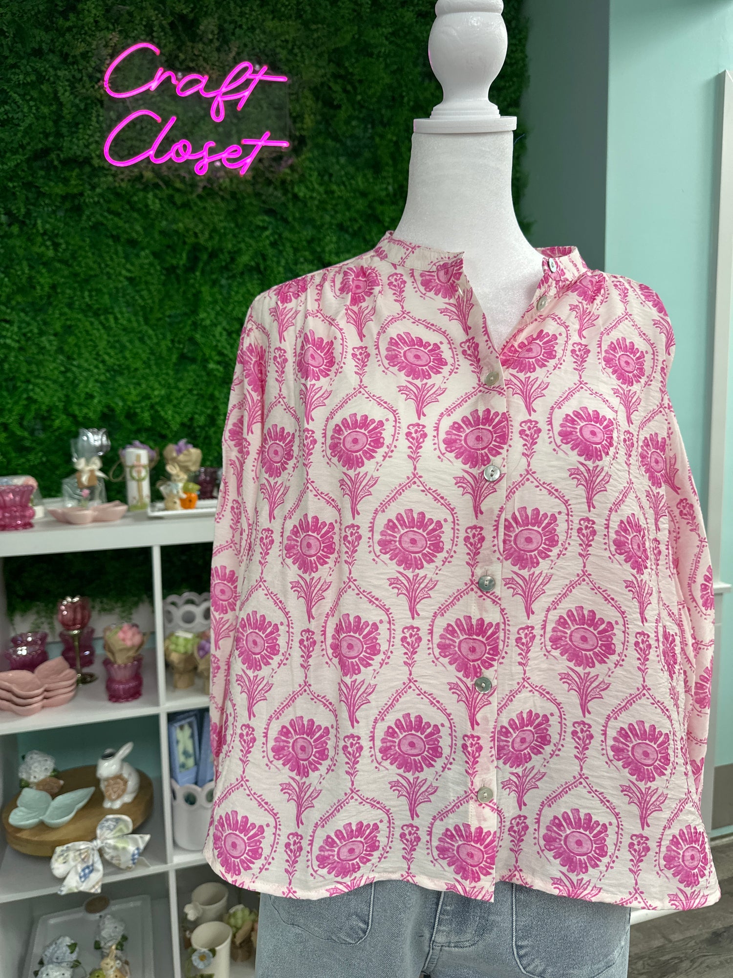 Entro Botanical Print Long Puff Sleeve Top In Pink