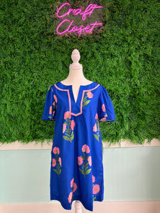 Barefoot Ladies #2077 Blue Floral Short Sleeve Neck Frilled Short Puff Sleeve Blouse