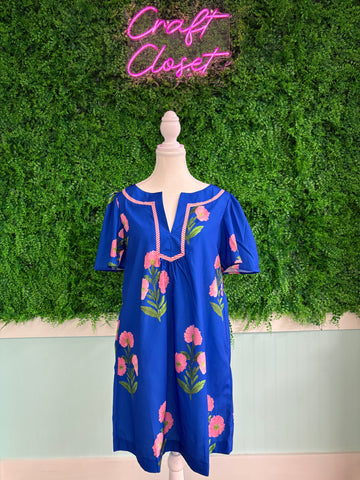 Barefoot Ladies #2077 Blue Floral Short Sleeve Neck Frilled Short Puff Sleeve Blouse