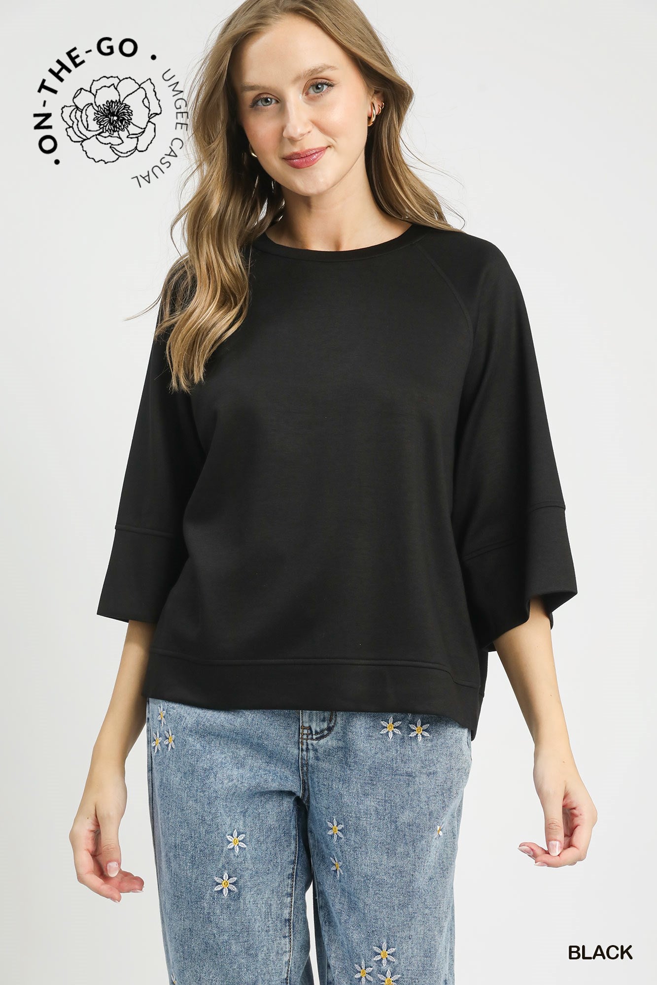 Umgee 3/4 Sleeve Drop Shoulder Top In Black