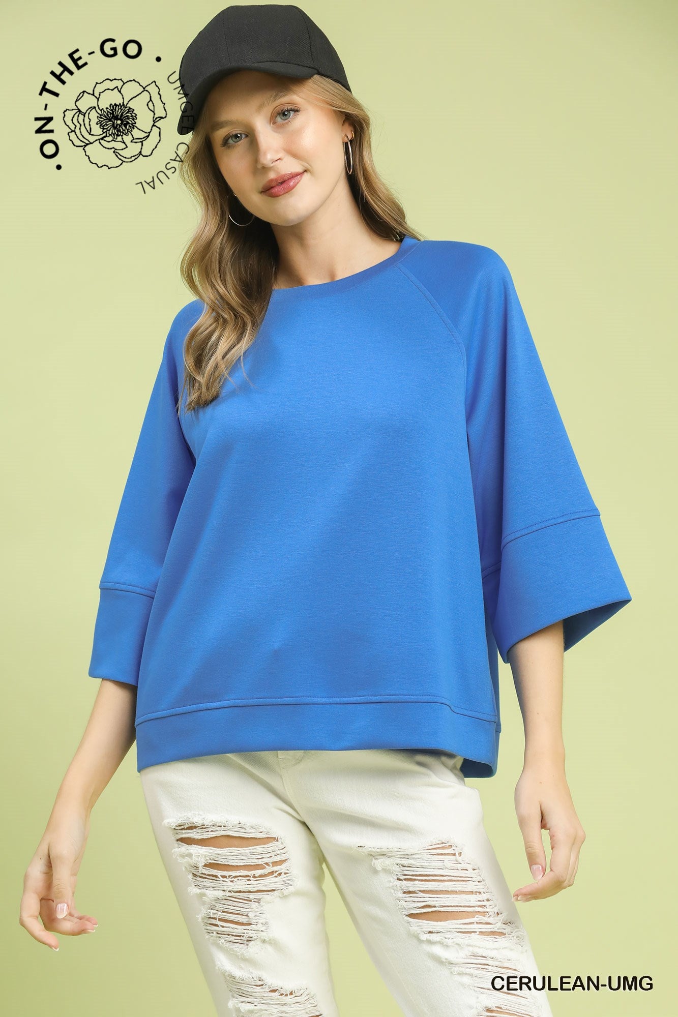 Umgee 3/4 Sleeve Drop Shoulder Top In Cerulean