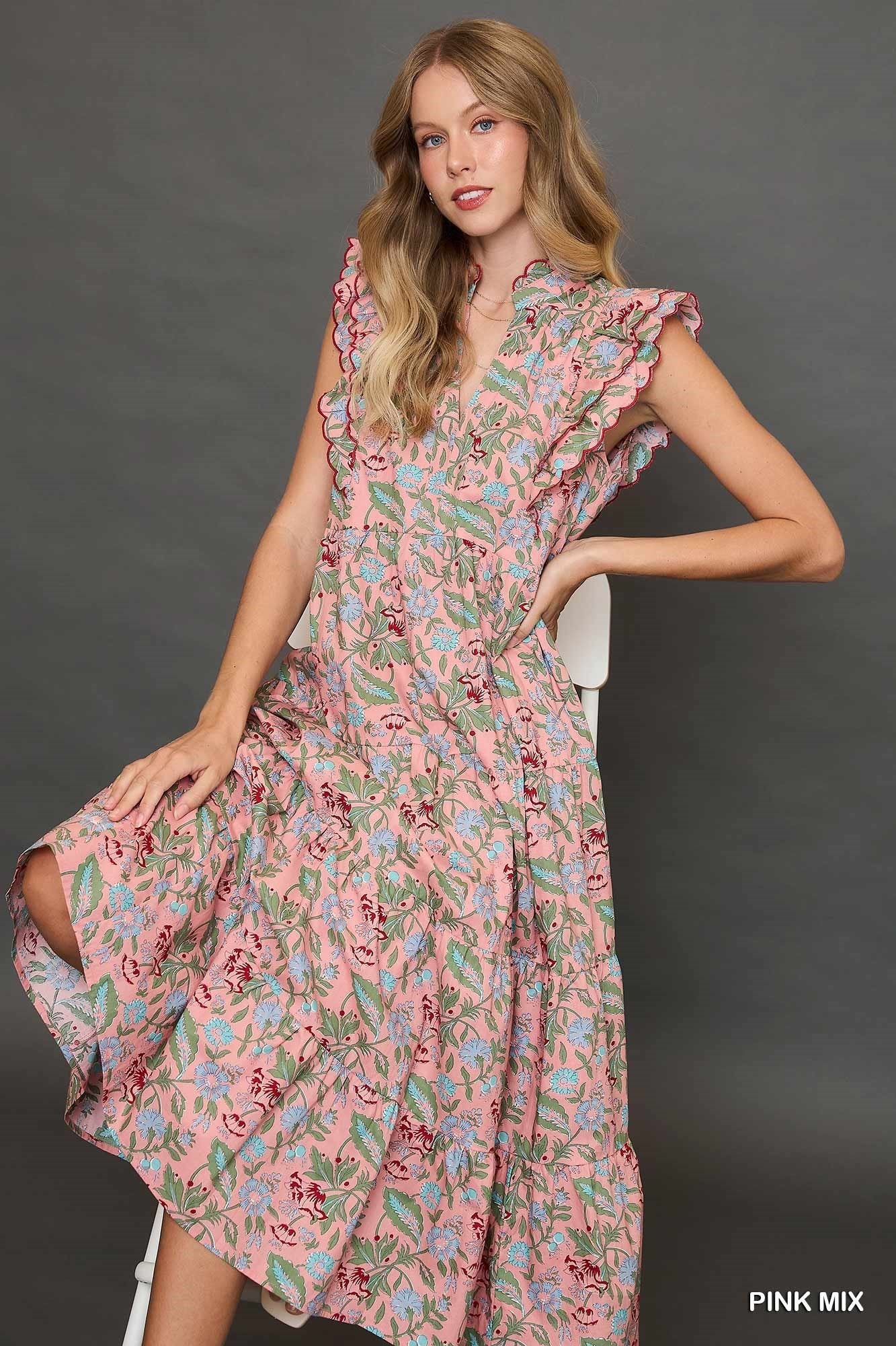 Umgee Floral Print Cotton Tiered Maxi Dress
