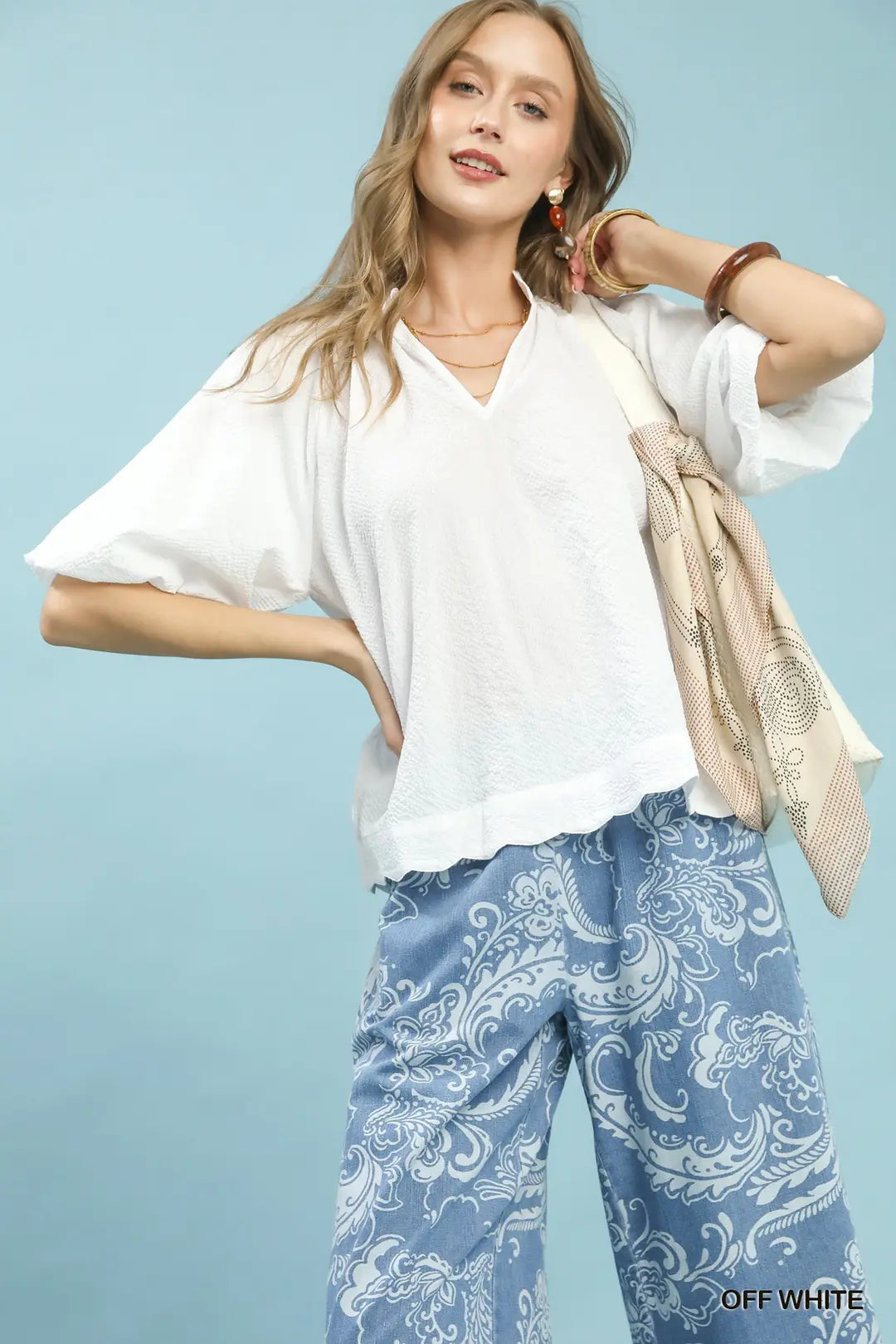 UMGEE Bubble Sleeve Seersucker Top In Off White