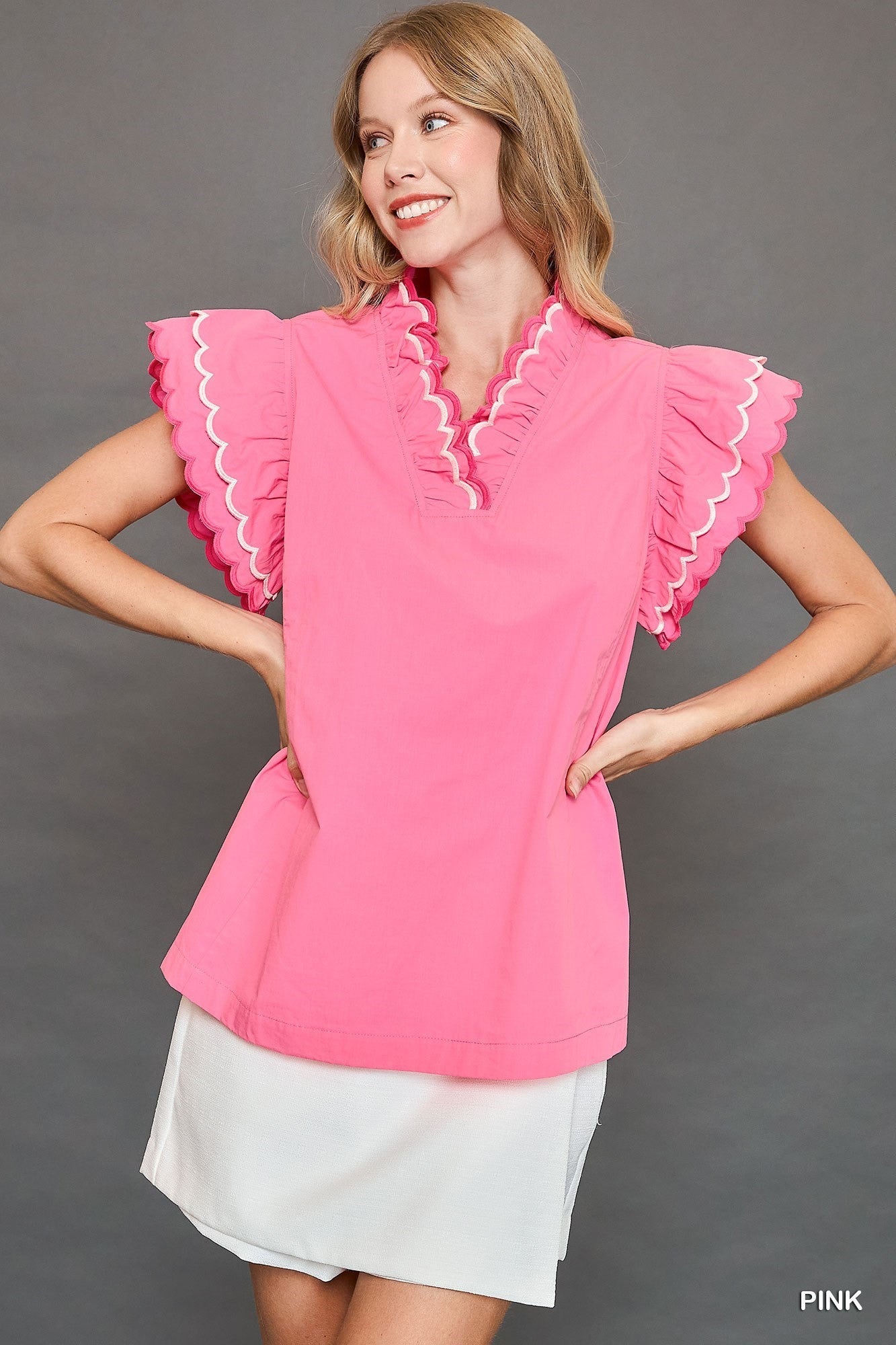 Umgee Scallop Trim Ruffle Sleeve Top In Pink