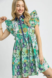 Umgee Ruffle Sleeve Floral Button Down Dress