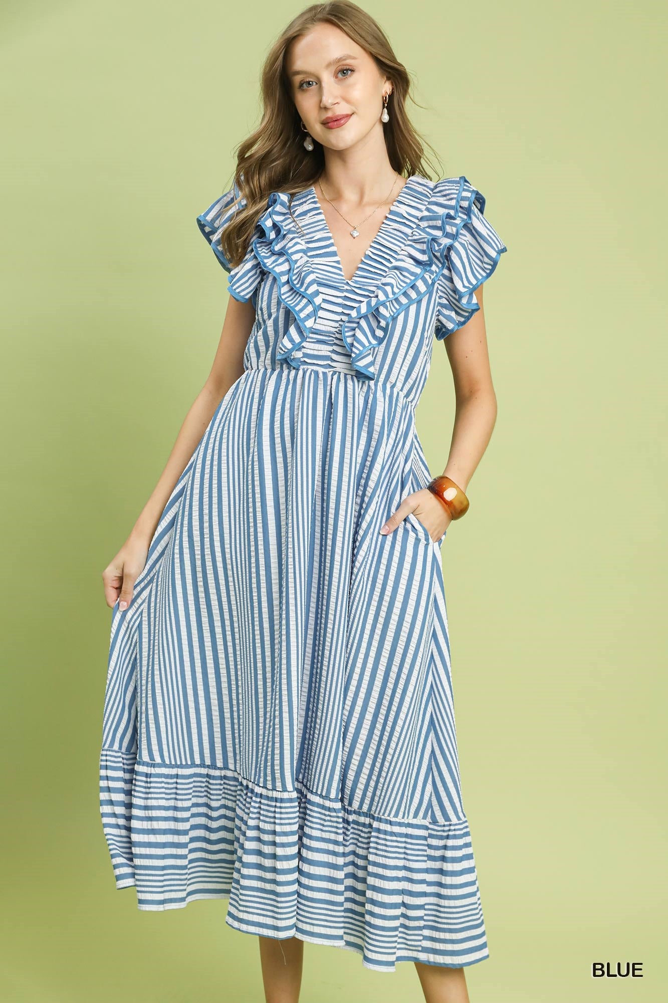Umgee Striped Ruffle Shoulder Midi Dress In Blue