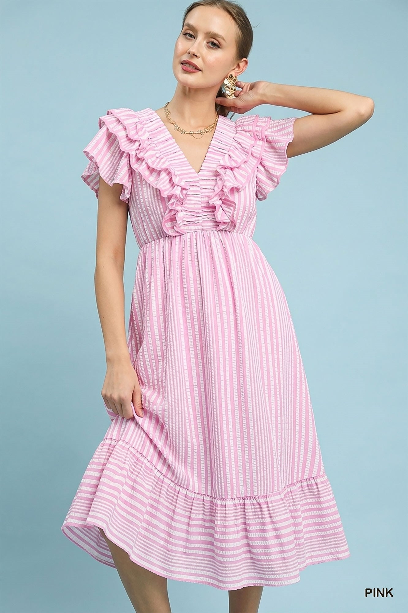 Umgee Striped Ruffle Shoulder Midi Dress In Pink