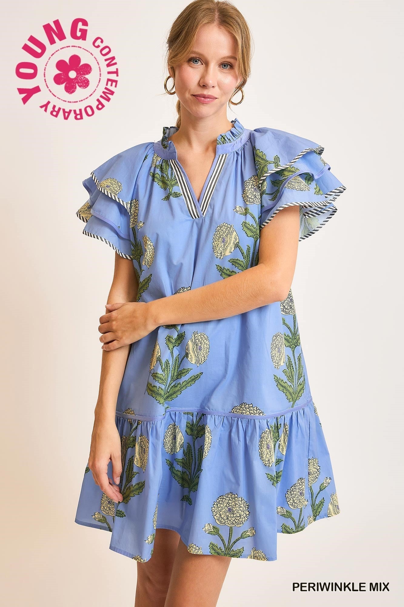 Umgee Floral Ruffle Sleeve Tiered Dress In Periwinkle *COMING SOON*