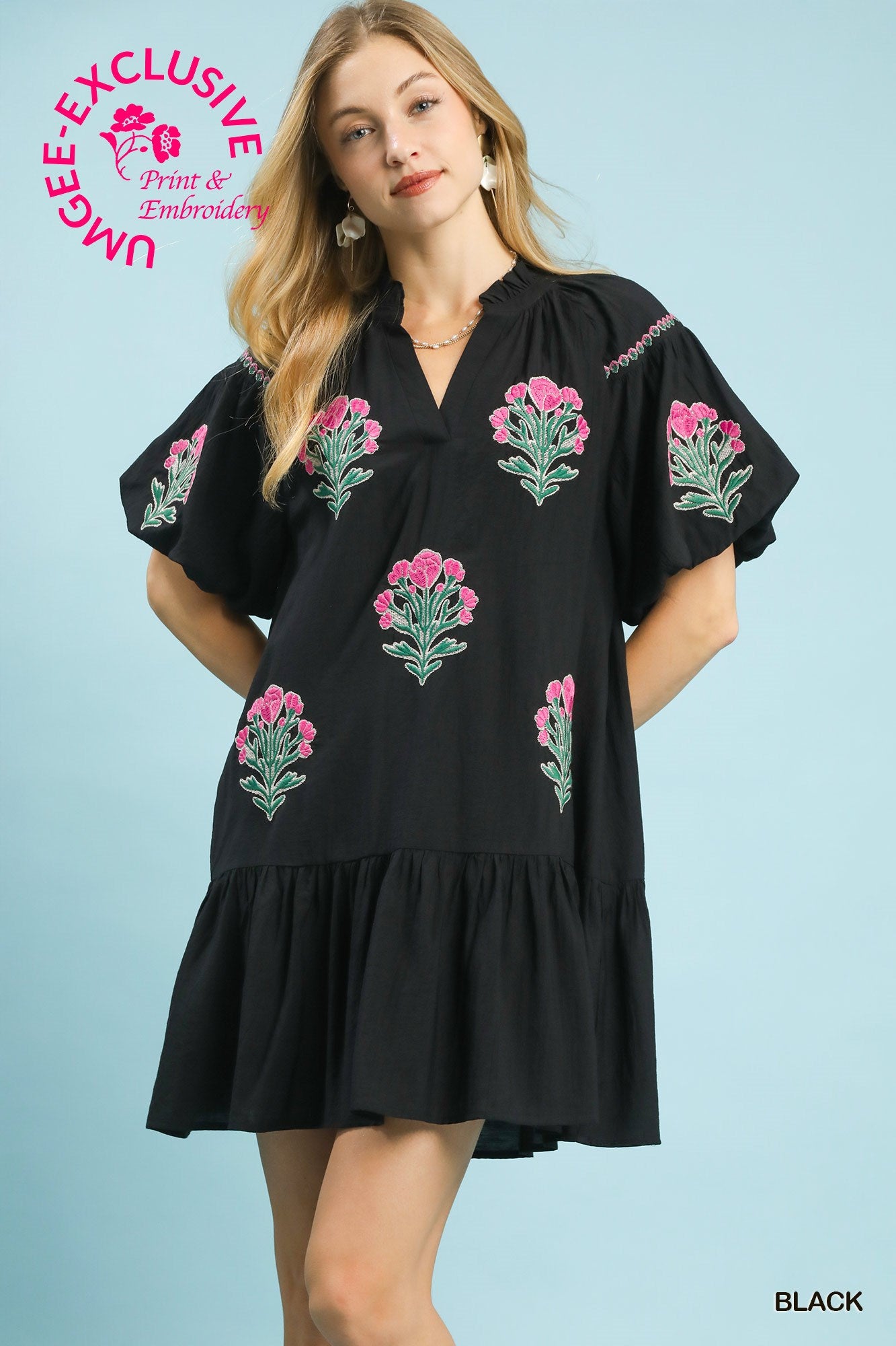 UMGEE Boho Embroidered Mini Dress In Black