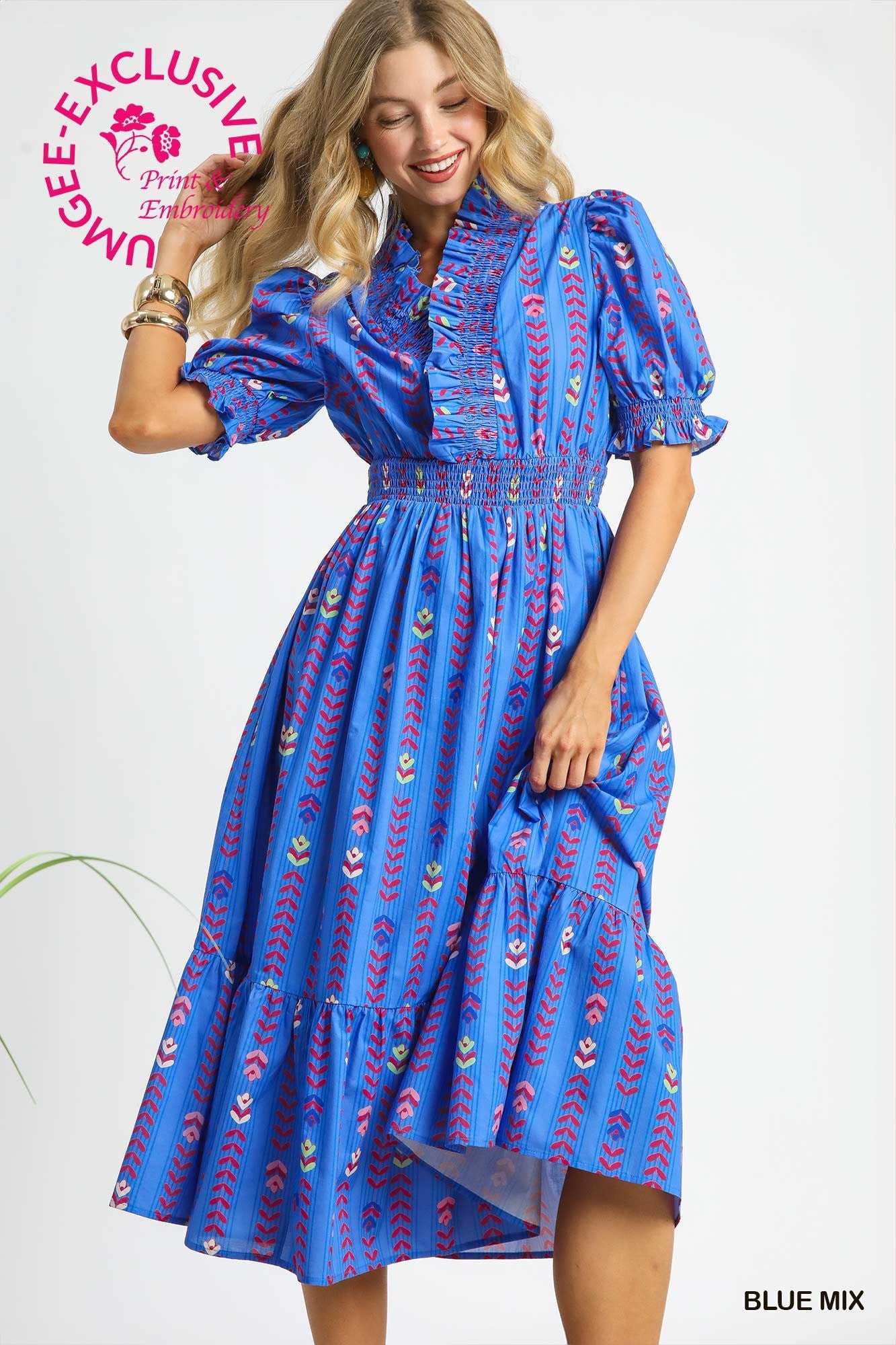Umgee Vibrant Ruffle Smocked Midi Dress In Blue Mix *COMING SOON*