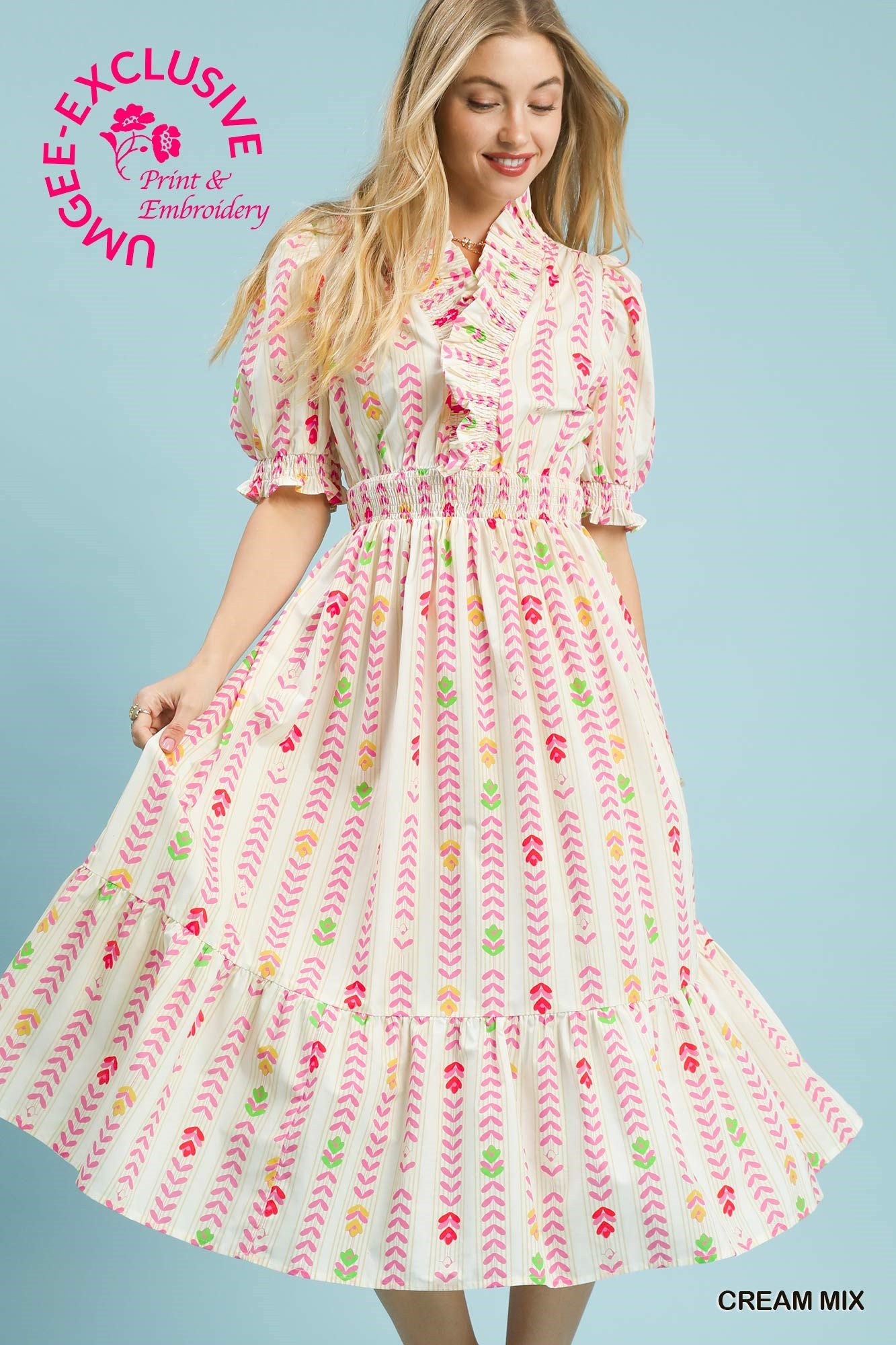 Umgee Vibrant Ruffle Smocked Midi Dress In Cream Mix *COMING SOON*