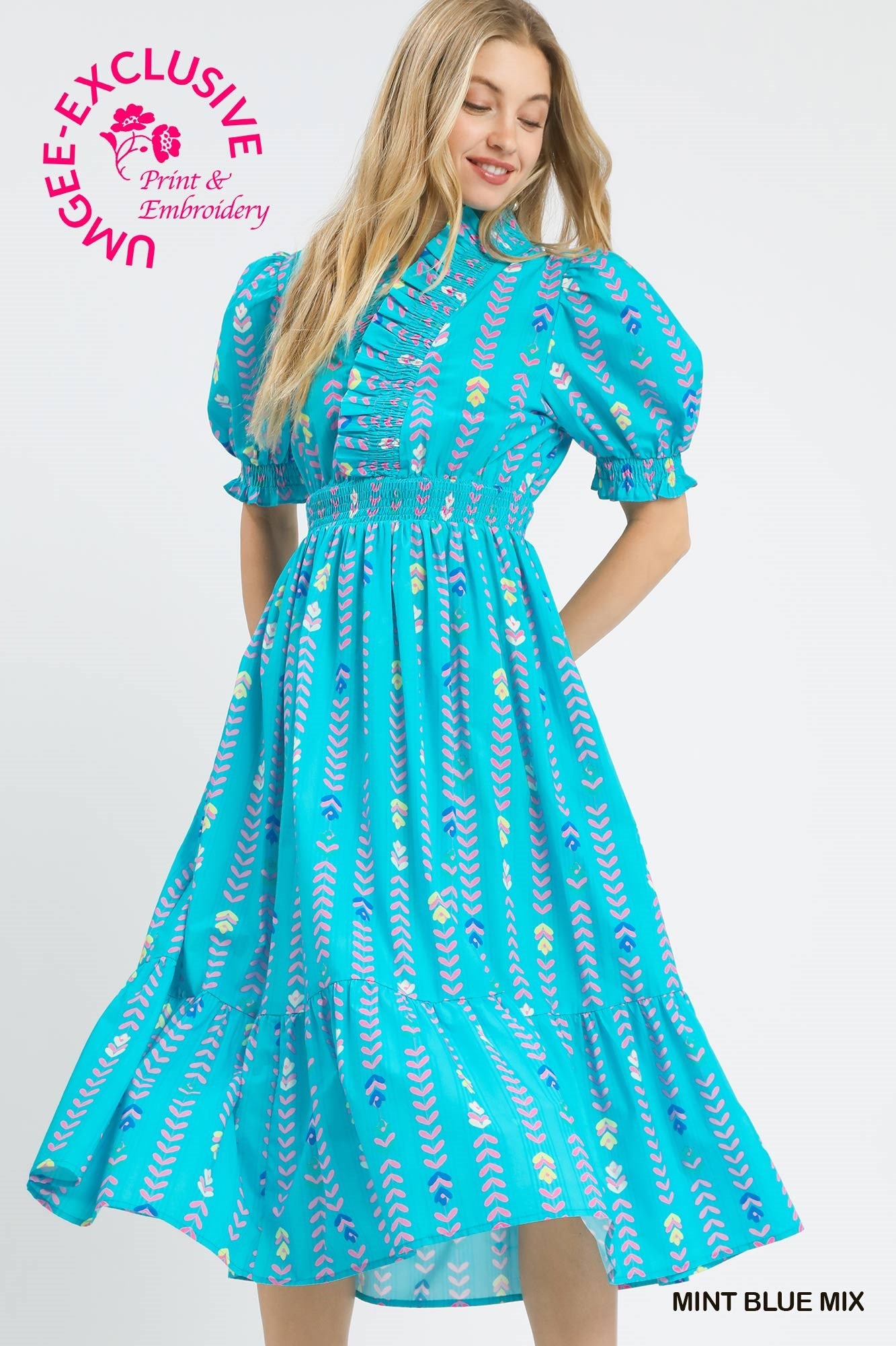 Umgee Vibrant Ruffle Smocked Midi Dress In Mint Blue Mix