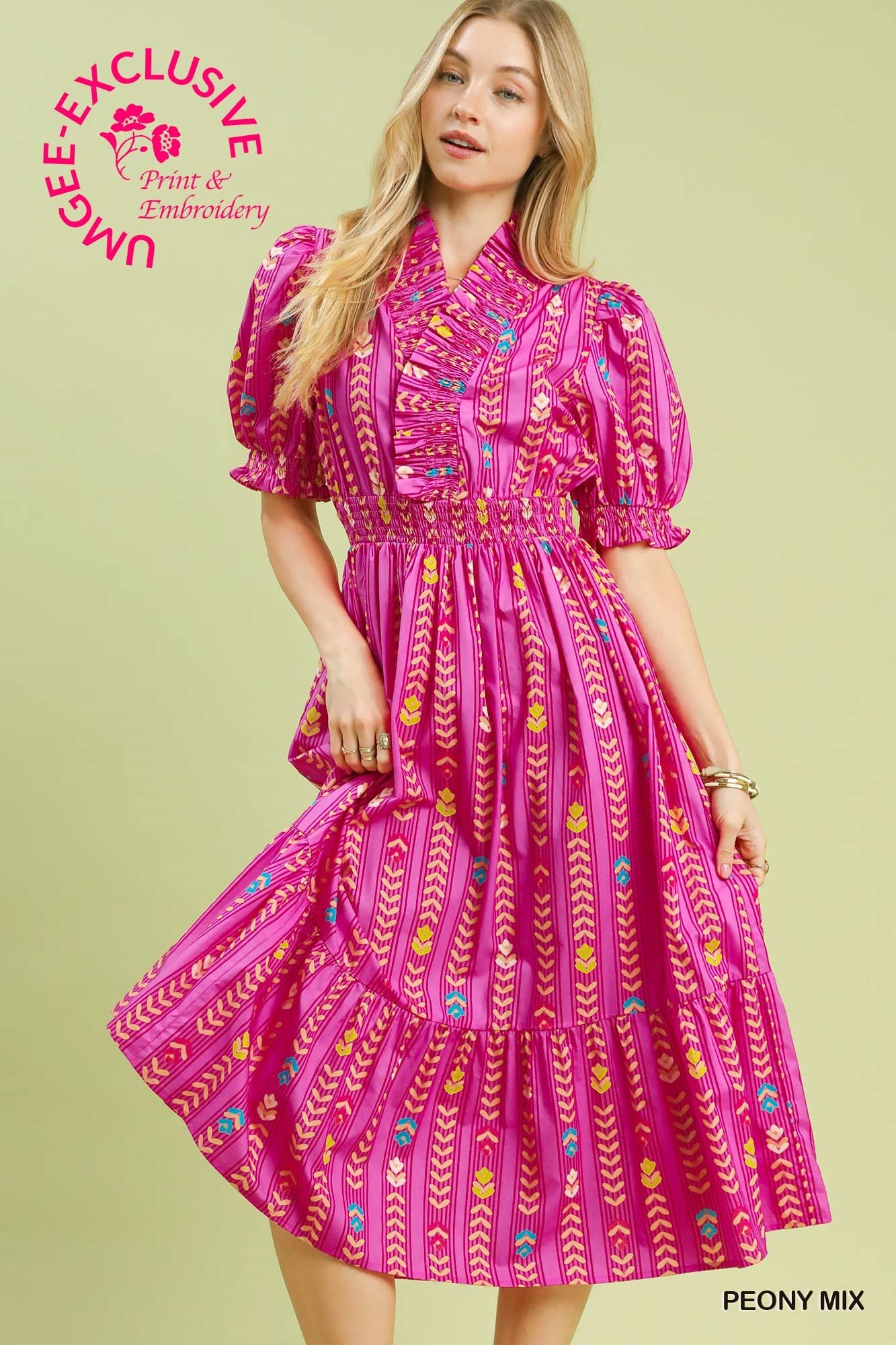 Umgee Vibrant Ruffle Smocked Midi Dress In Peony Mix