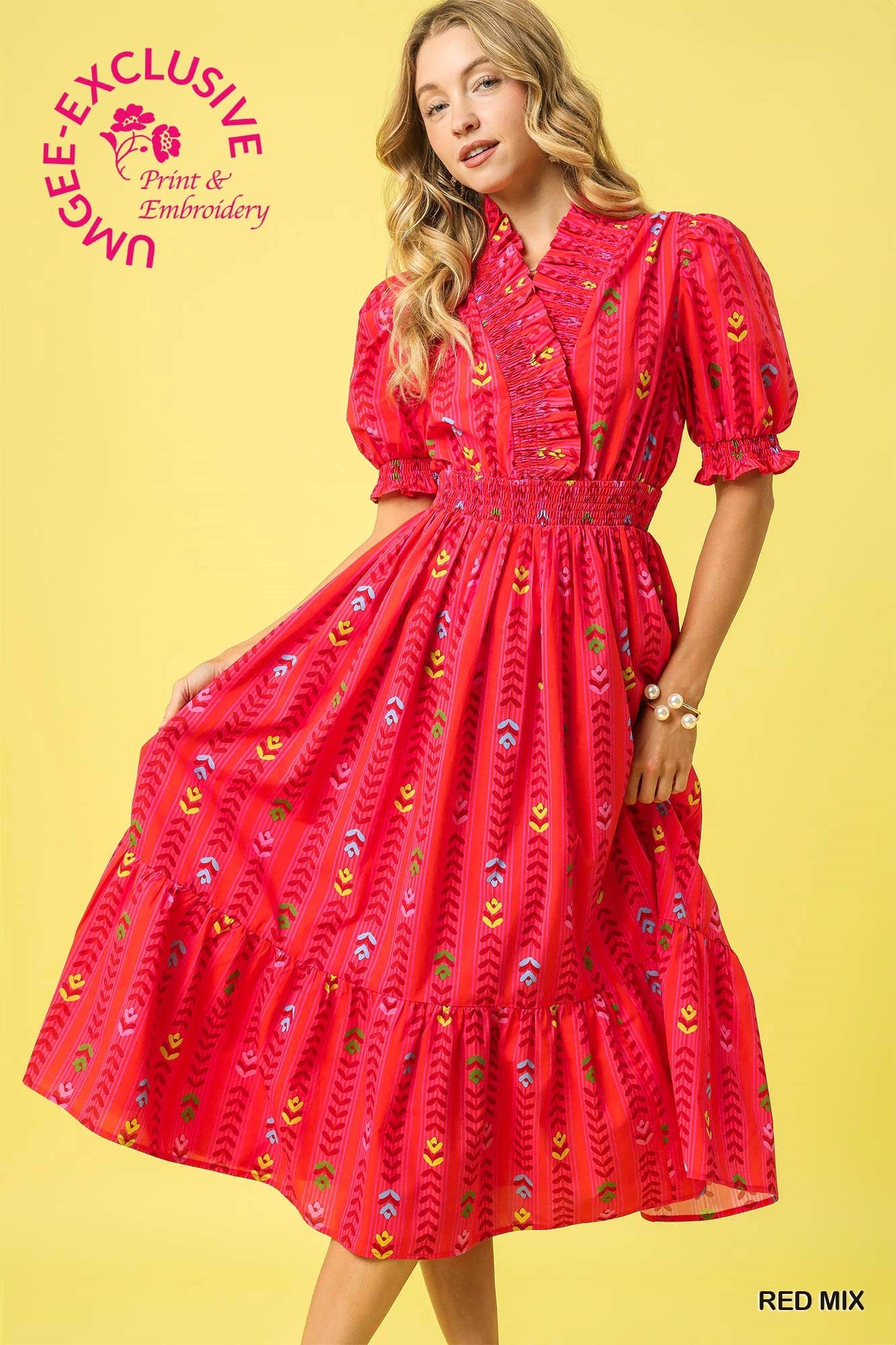 Umgee Vibrant Ruffle Smocked Midi Dress In Red Mix *COMING SOON*