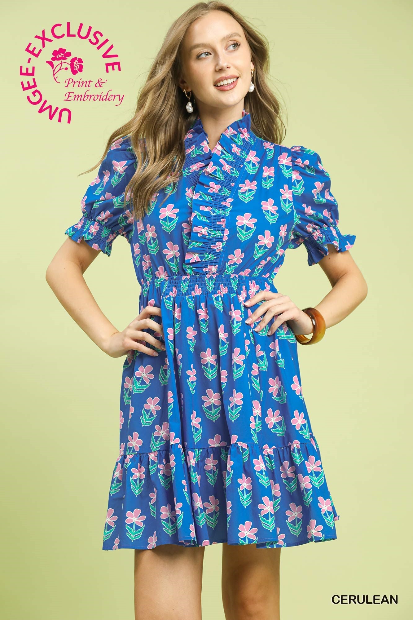 Umgee Ruffled Floral Babydoll Dress In Cerulean