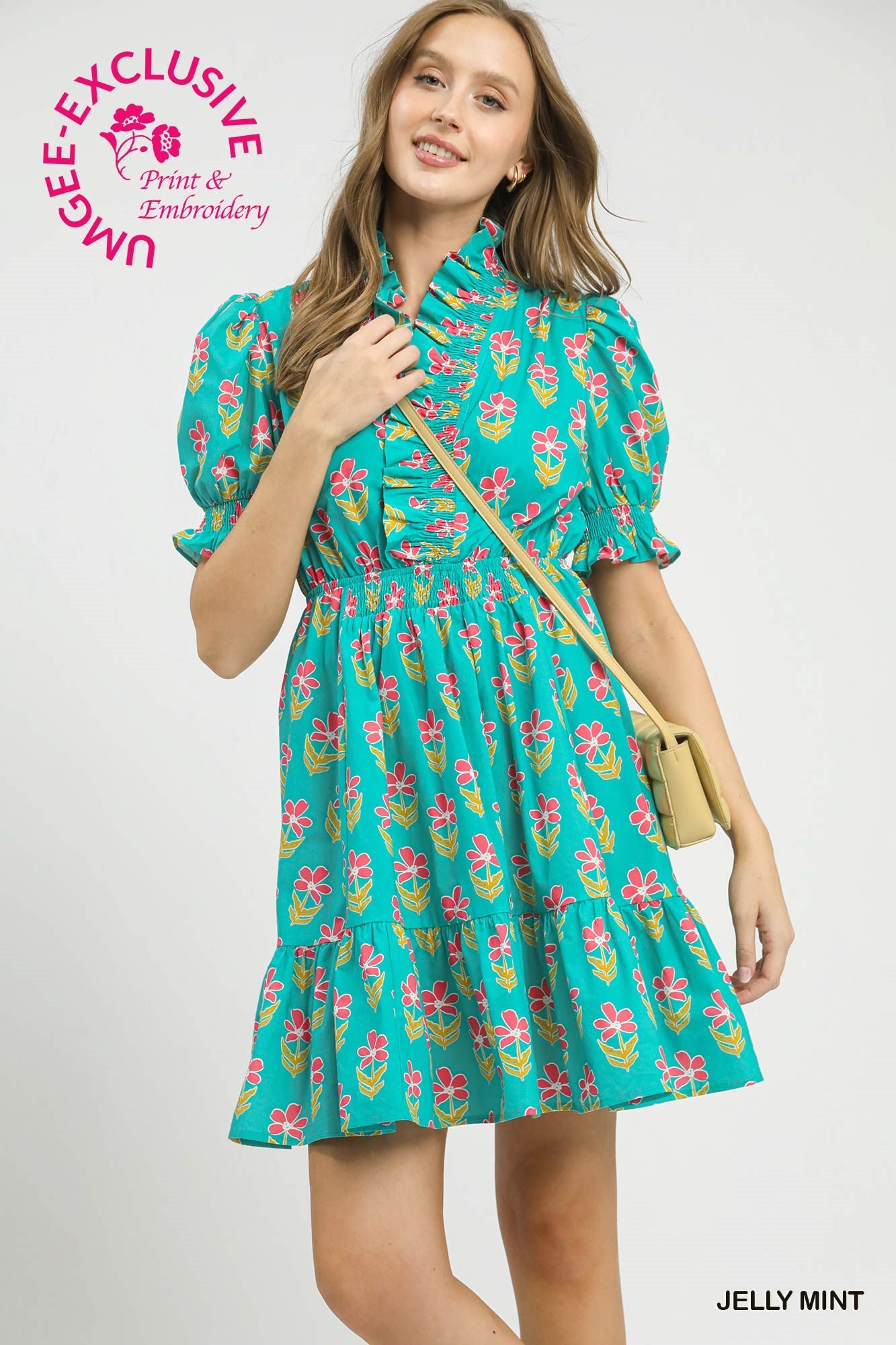 Umgee Ruffled Floral Babydoll Dress In Jelly Mint
