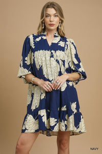 UMGEE V Notched Neckline Floral Babydoll Dress In Navy