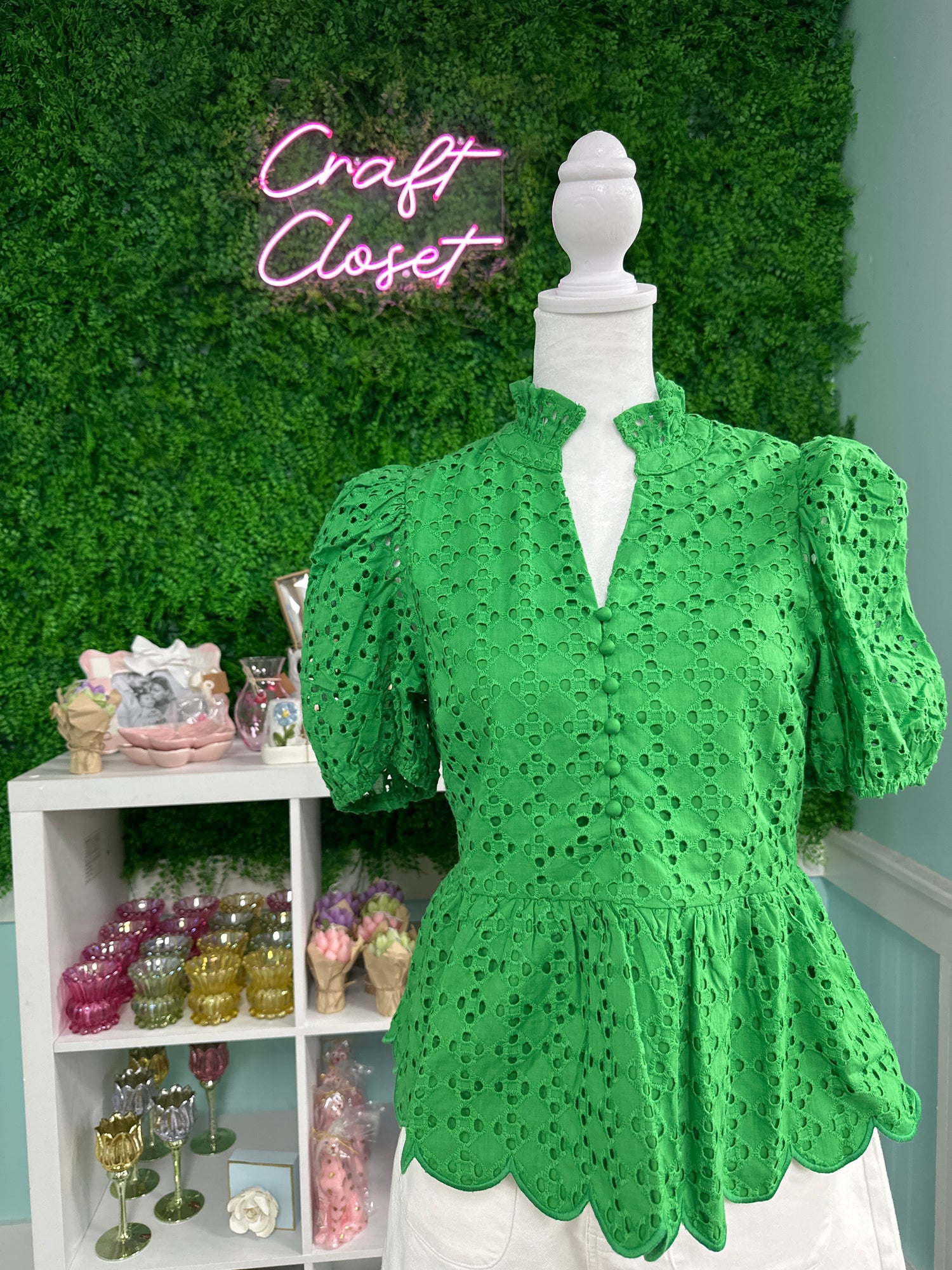 ENTRO Short Puff Sleeve Eyelet Top In Green