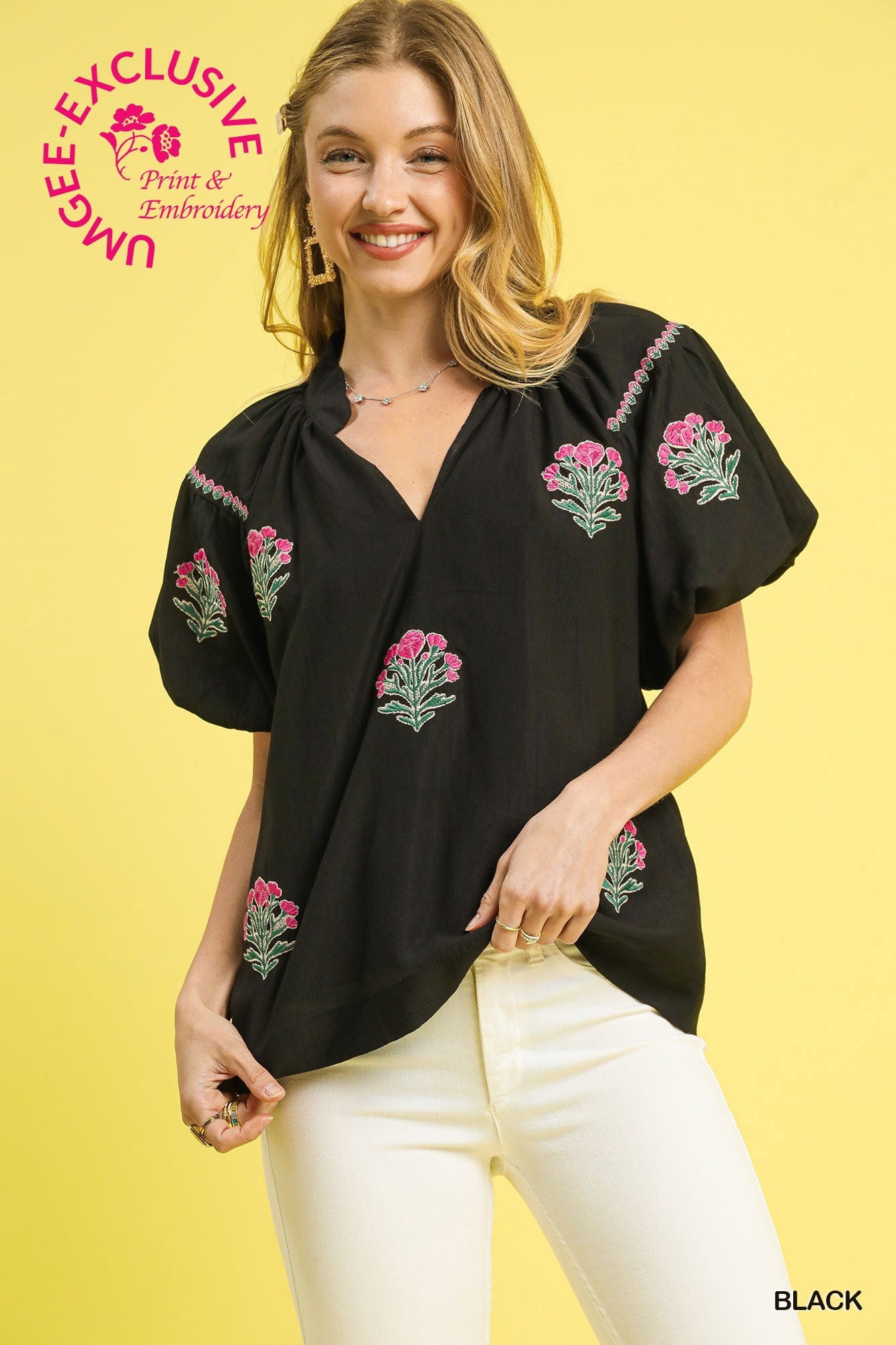UMGEE Boho Embroidered Top In Black