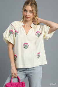 Umgee Floral Embroidered Puff Sleeve Top In Cream