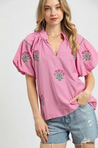 Umgee Floral Embroidered Puff Sleeve Top In Rose