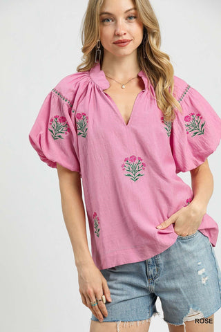 Umgee Floral Embroidered Puff Sleeve Top In Rose