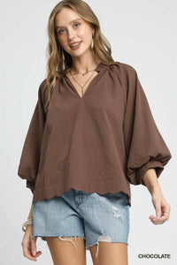 UMGEE Textured Scalloped Trim Top In Chocolate