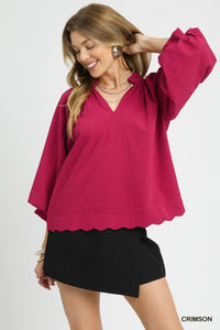 UMGEE Textured Scalloped Trim Top In Crimson
