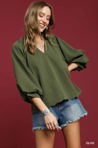 Umgee Split V Neck Top With Balloon Sleeves In Olive *COMING SOON*