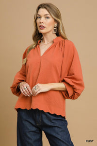 Umgee Split V Neck Top With Balloon Sleeves In Rust *COMING SOON*