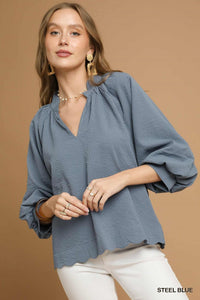 Umgee Split V Neck Top With Balloon Sleeves In Steel Blue *COMING SOON*