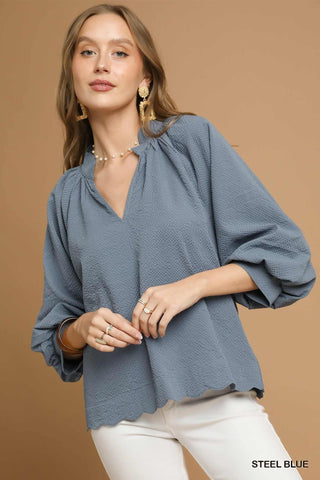 Umgee Split V Neck Top With Balloon Sleeves In Steel Blue *COMING SOON*