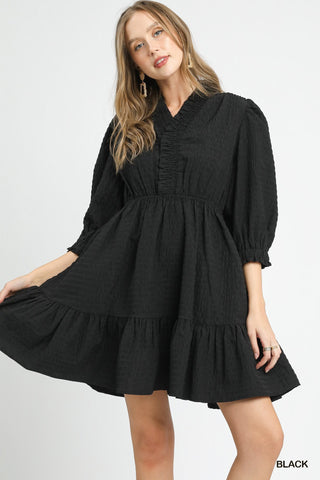 Umgee Ruffle Trimmed Textured Babydoll Dress In Black