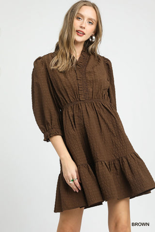 Umgee Ruffle Trim Textured Babydoll Dress In Brown PLUS Size