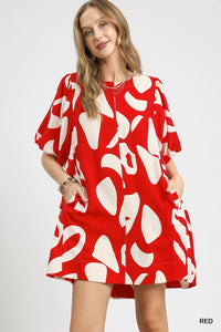 Umgee Abstract Print Puff Sleeve Dress In Red