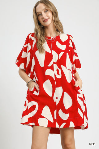 Umgee Abstract Print Puff Sleeve Dress In Red